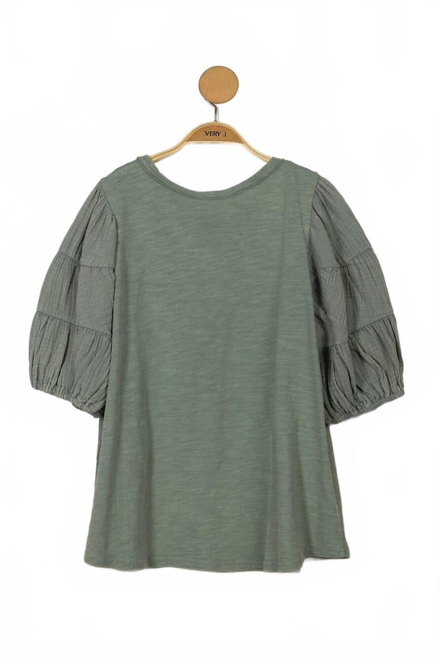 NEW VERY J women's mineral washed puff sleeve top in sage